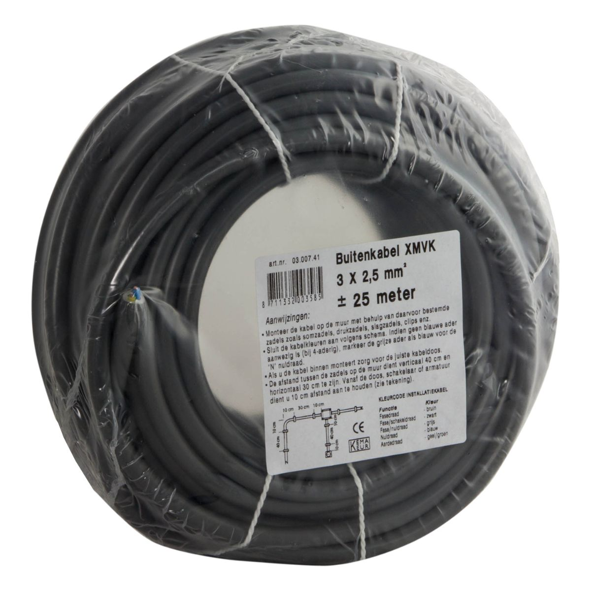 Black cable XMVK, 3 x 2.5 mm², approx. 25 m, with installation diagram.