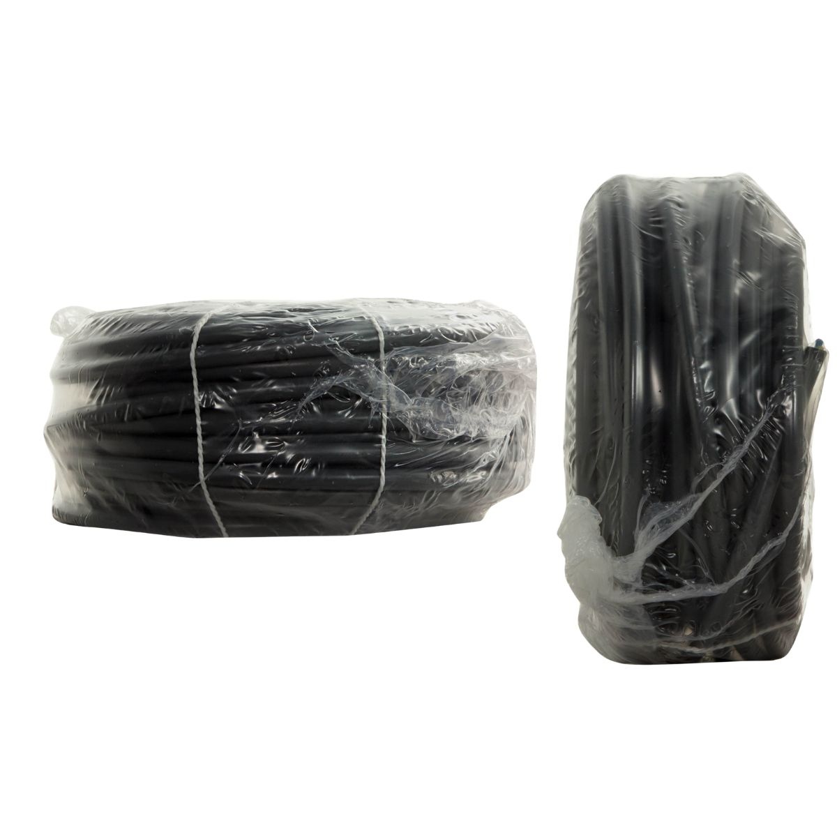 Two rolls of black cable, wrapped in plastic, secured with white ties.