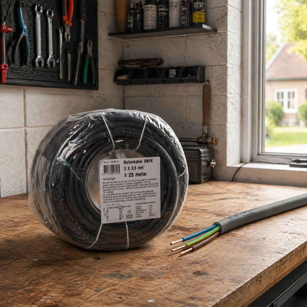 A coil of cable and an exposed cable lie on a wooden workbench.