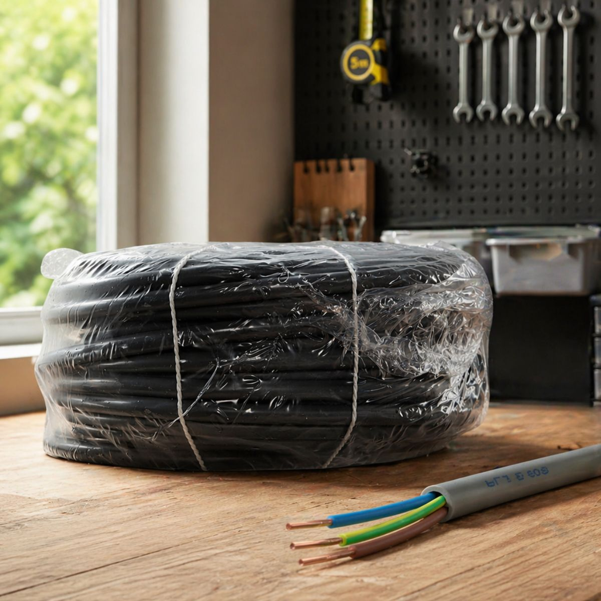 A roll of black cable is wrapped, with exposed wires lying nearby.