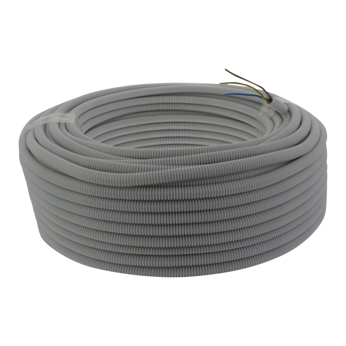 Gray, corrugated hose with wires, coiled on a white background.