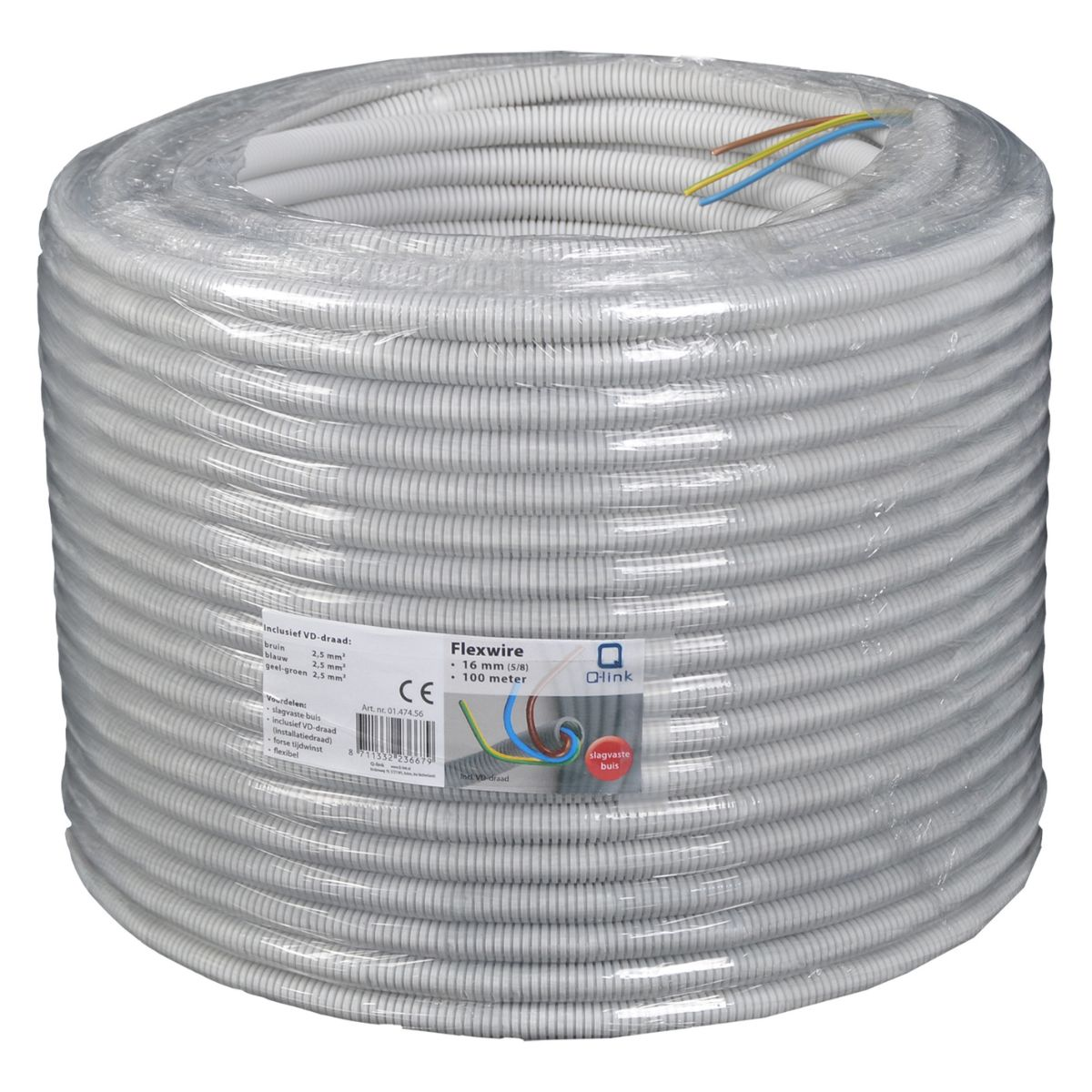 A roll of gray corrugated conduit pipe with three wires (brown, blue, yellow-green) is shown.