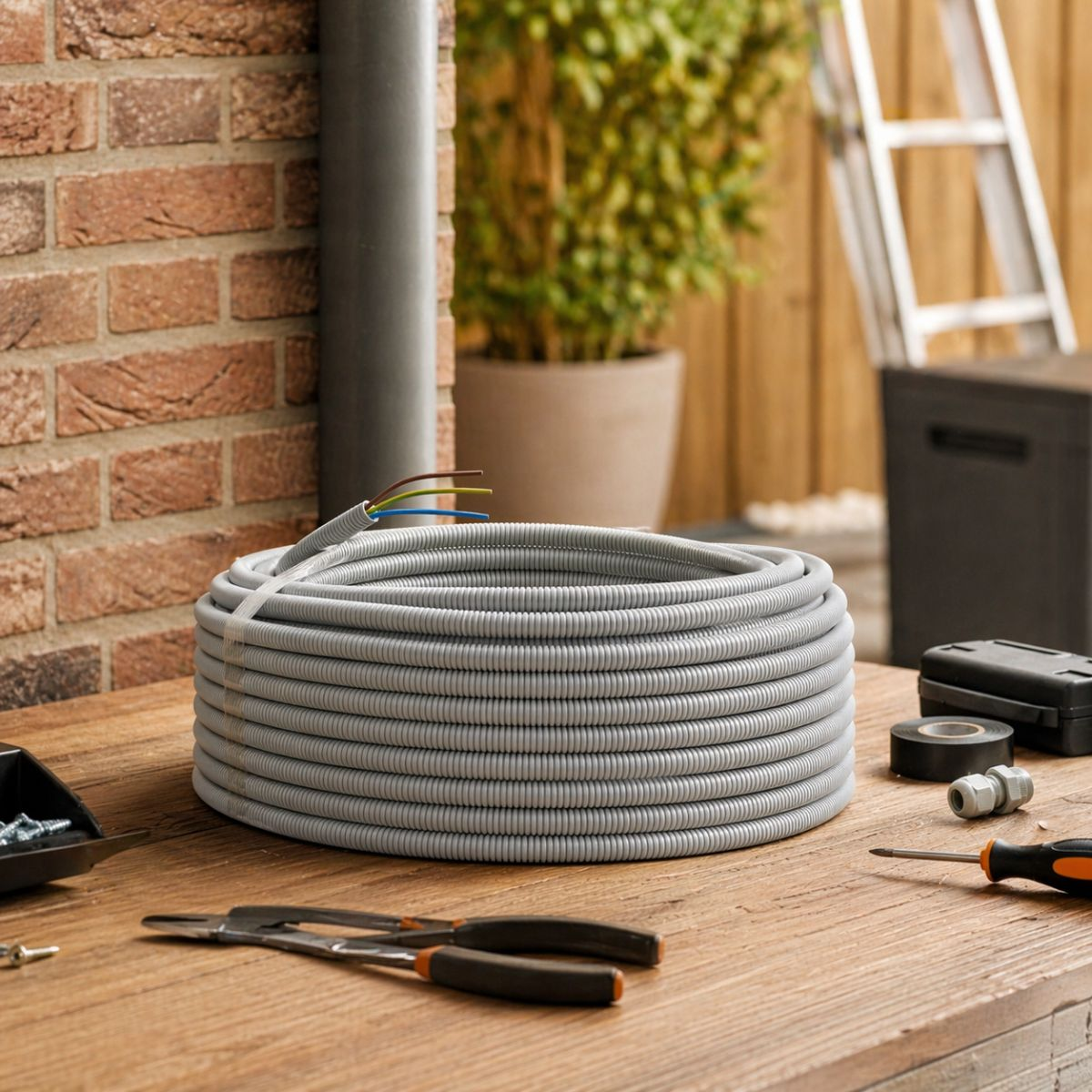 Gray flexible conduit with wires on a wooden table, tools and box in background.