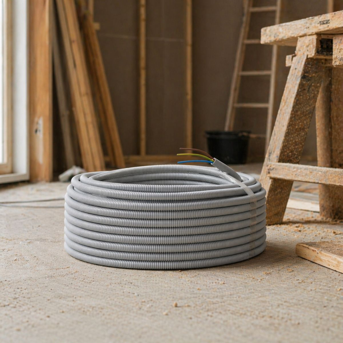 A coil of grey corrugated conduit with exposed wires rests on a construction site floor.