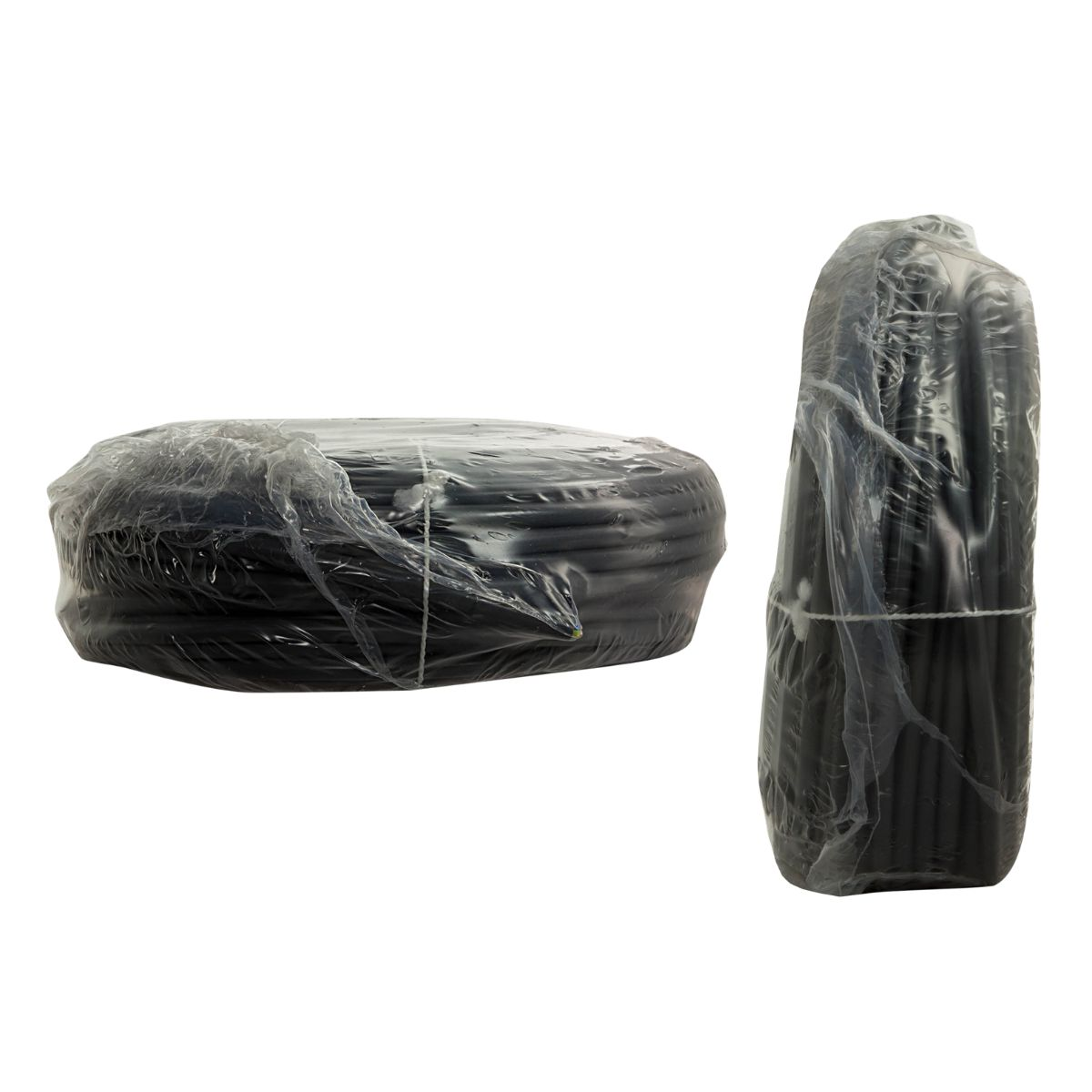 Two rolls of black cable, wrapped in plastic, on a white background.