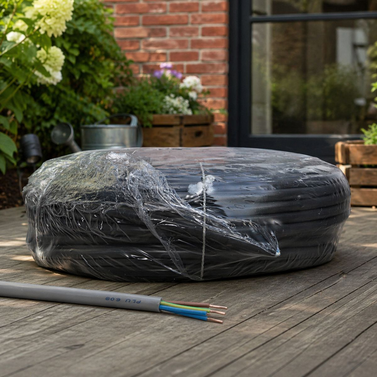 A coiled black cable, wrapped in plastic, lies on a wooden deck. Exposed wires show colors.