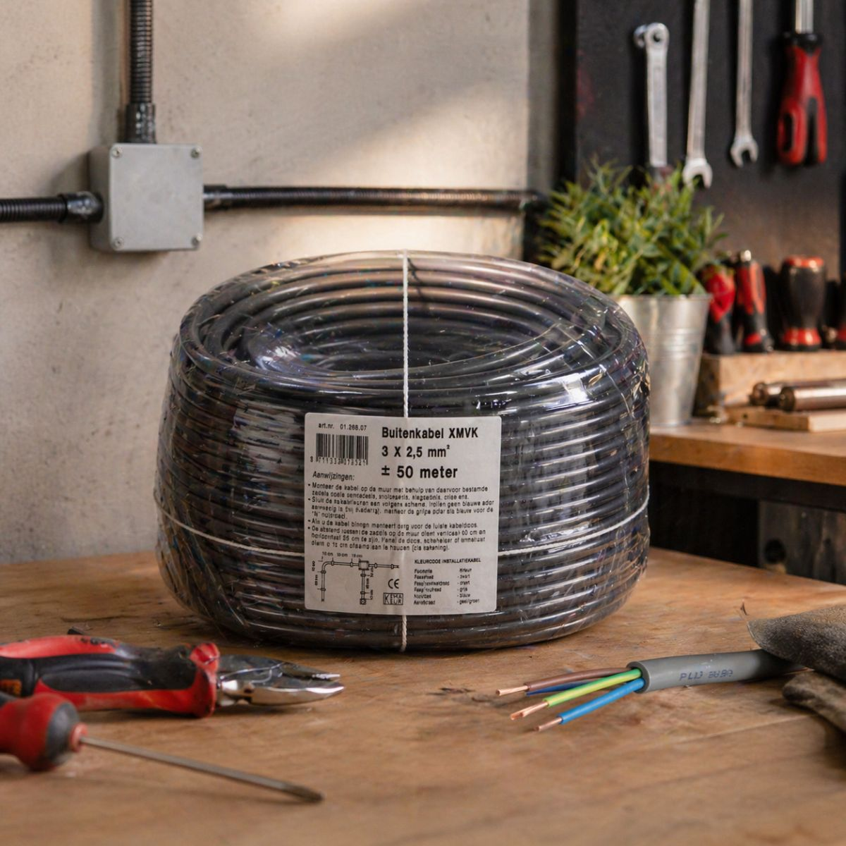 A roll of black cable with a label lies on a wooden table. Tools are in the background.