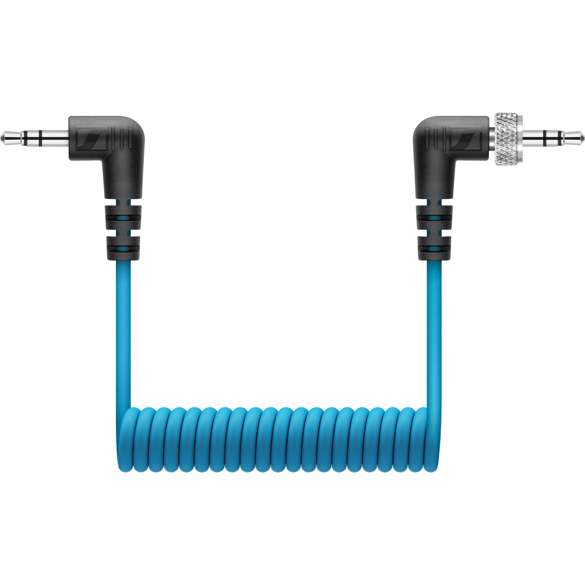 Niebieski kabel w kształcie spirali z wtyczkami 3,5 mm na obu końcach.