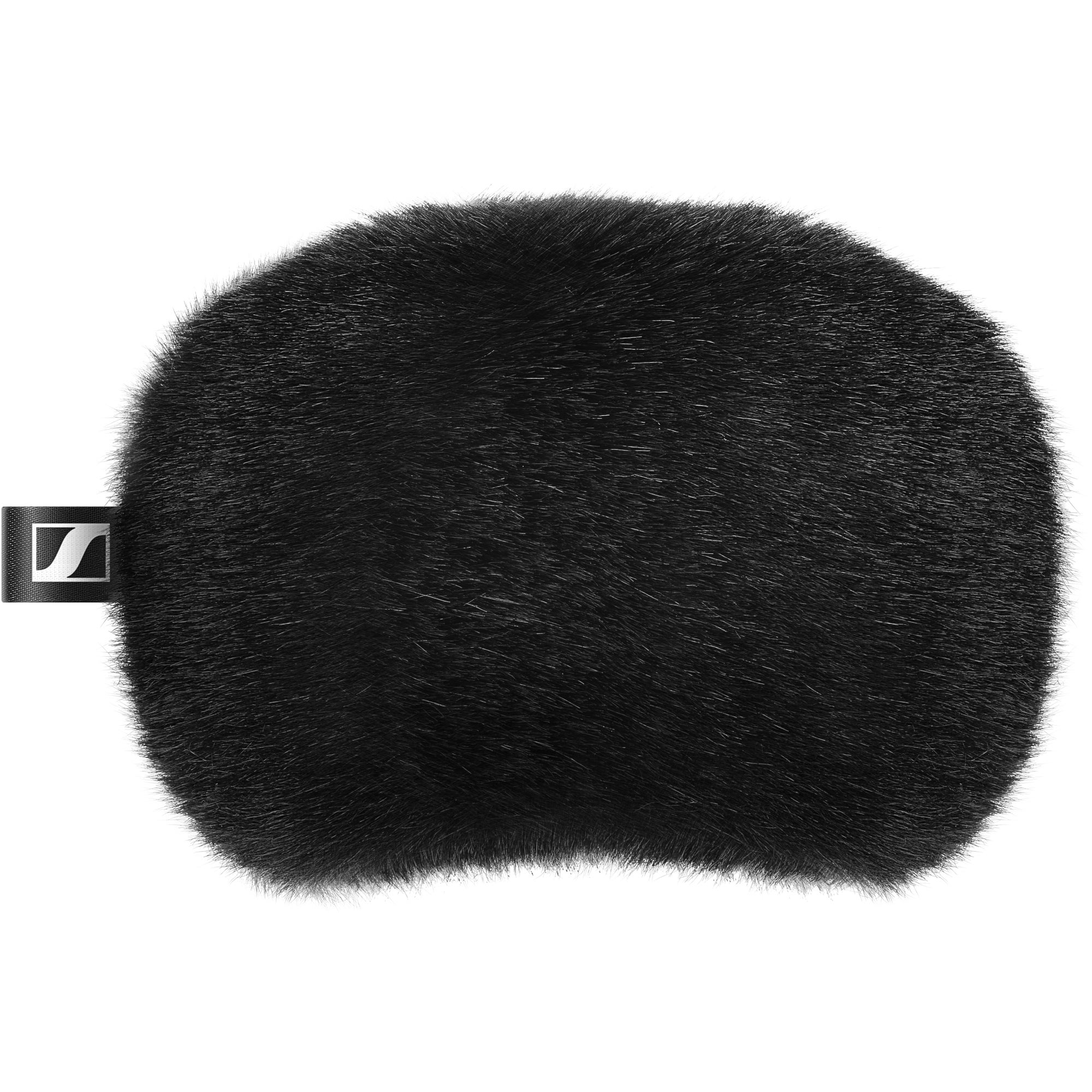 Czarna futrzana osłona przeciwwiatrowa z logo Sennheiser na czarnej taśmie.