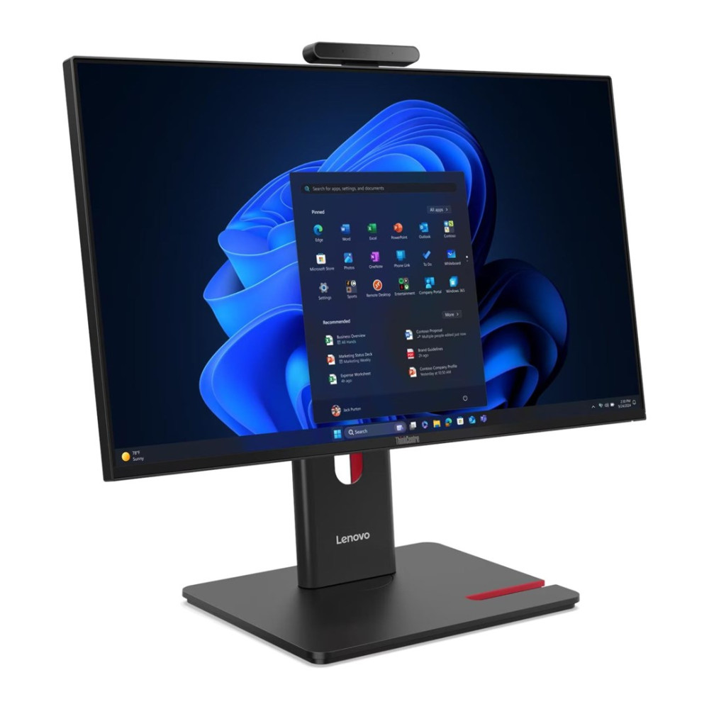 Czarny komputer All-in-One Lenovo z dużym ekranem wyświetlającym menu Start systemu Windows.