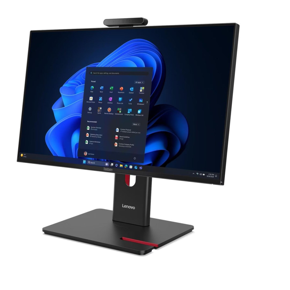 Komputer All-in-One Lenovo z kamerą i niebieską tapetą na ekranie.