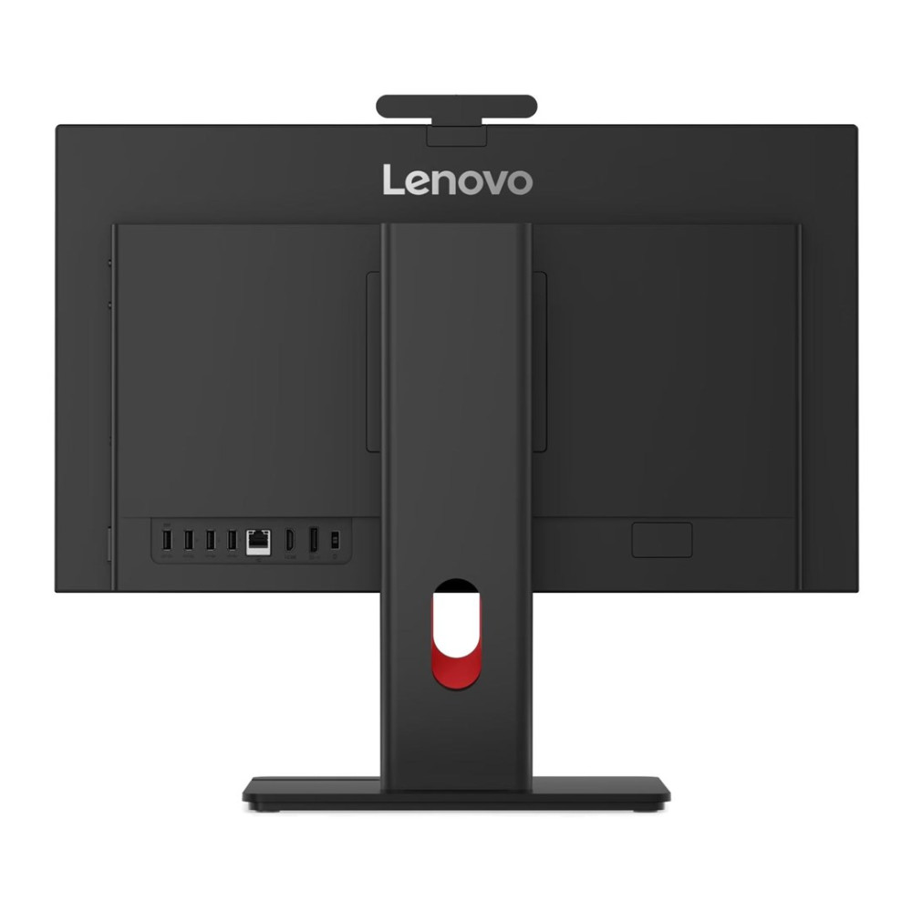 Tył czarnego komputera all-in-one Lenovo z portami.