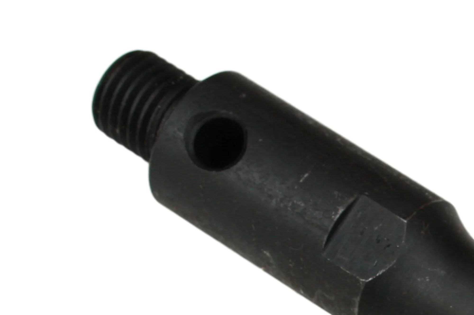 A black metal part with threads and a hole, isolated on a white background.
