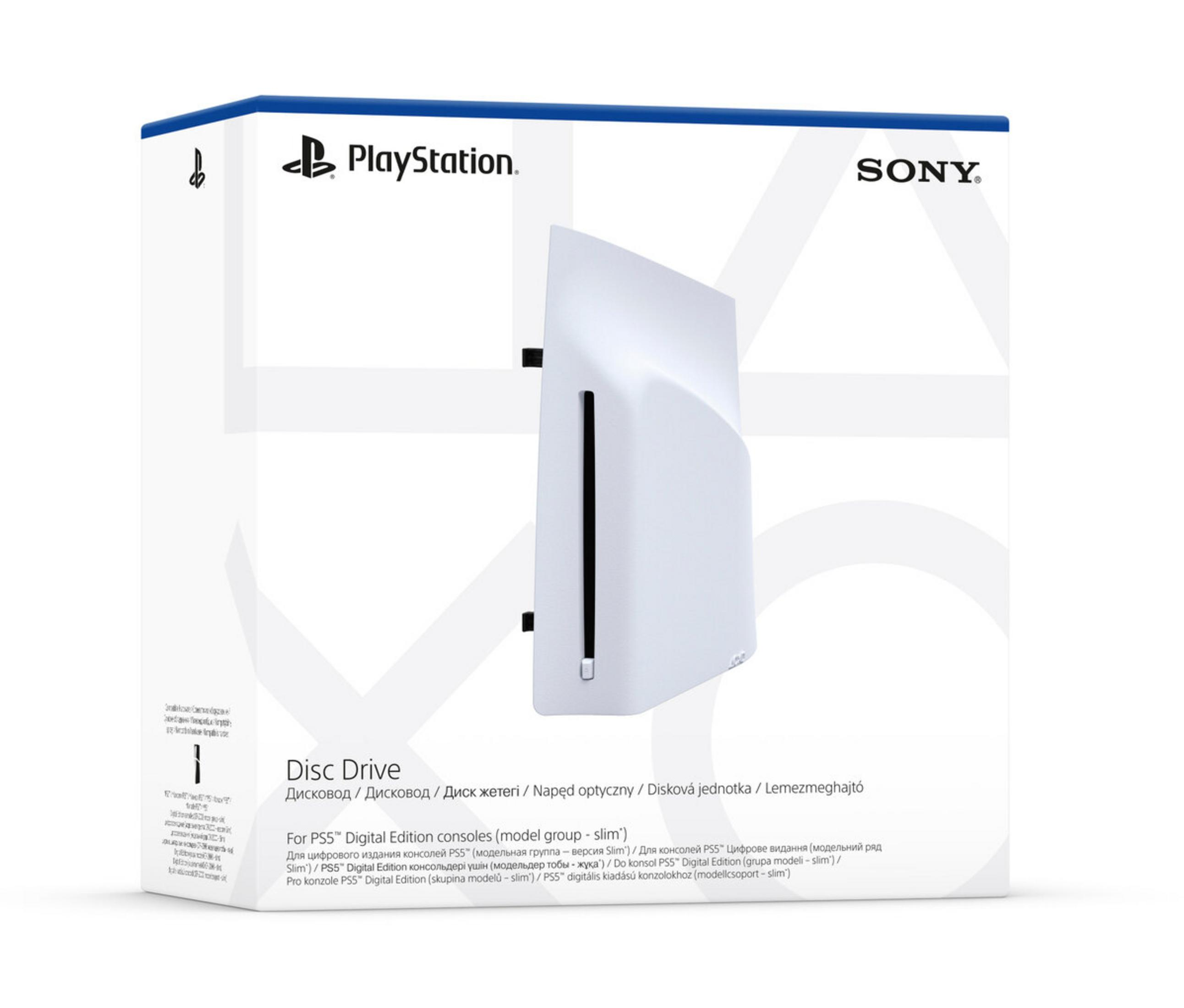 Una scatola bianca unità disco PlayStation 5 con loghi Sony e PlayStation.