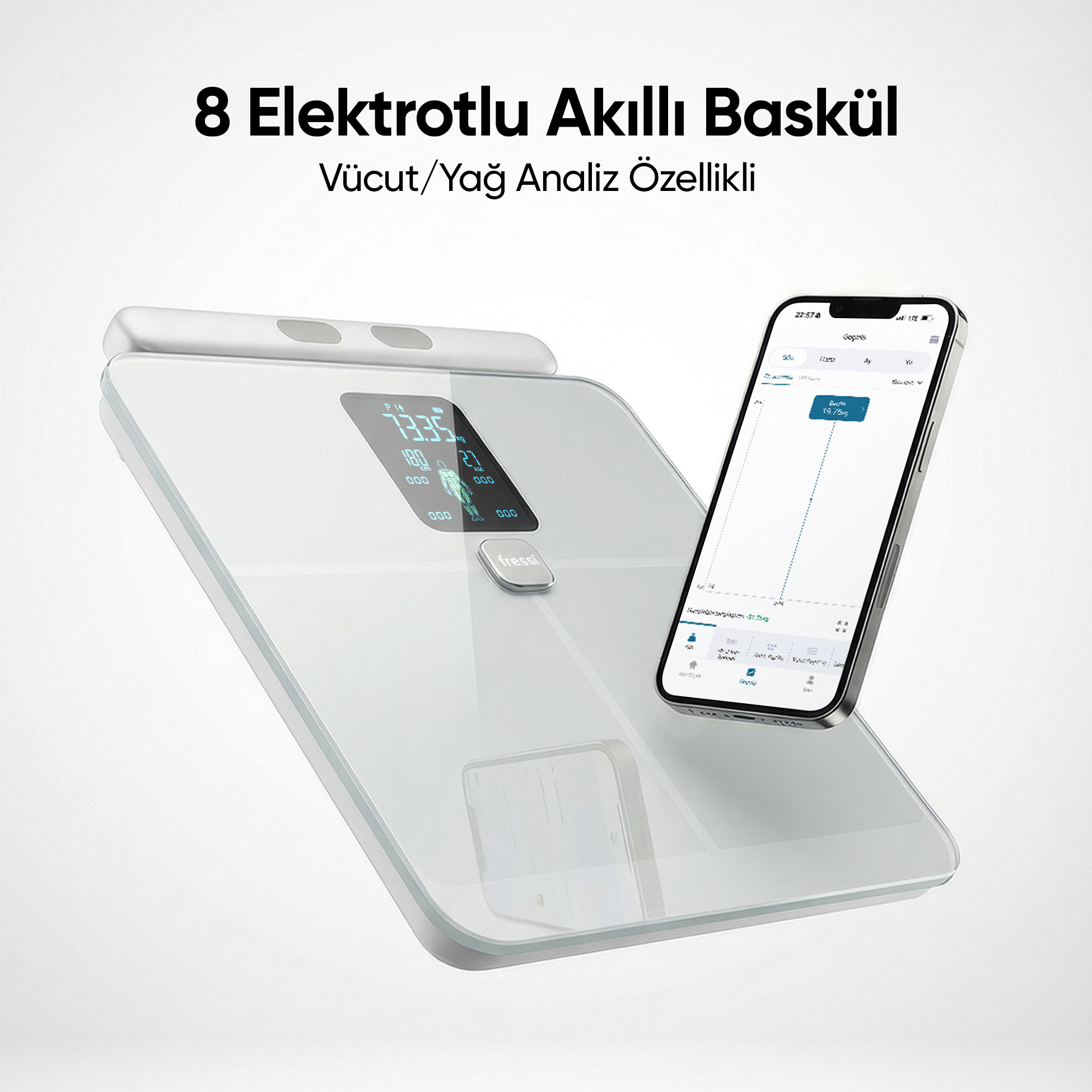 Vücut verilerini gösteren bir akıllı telefonla birlikte beyaz dijital tartı.