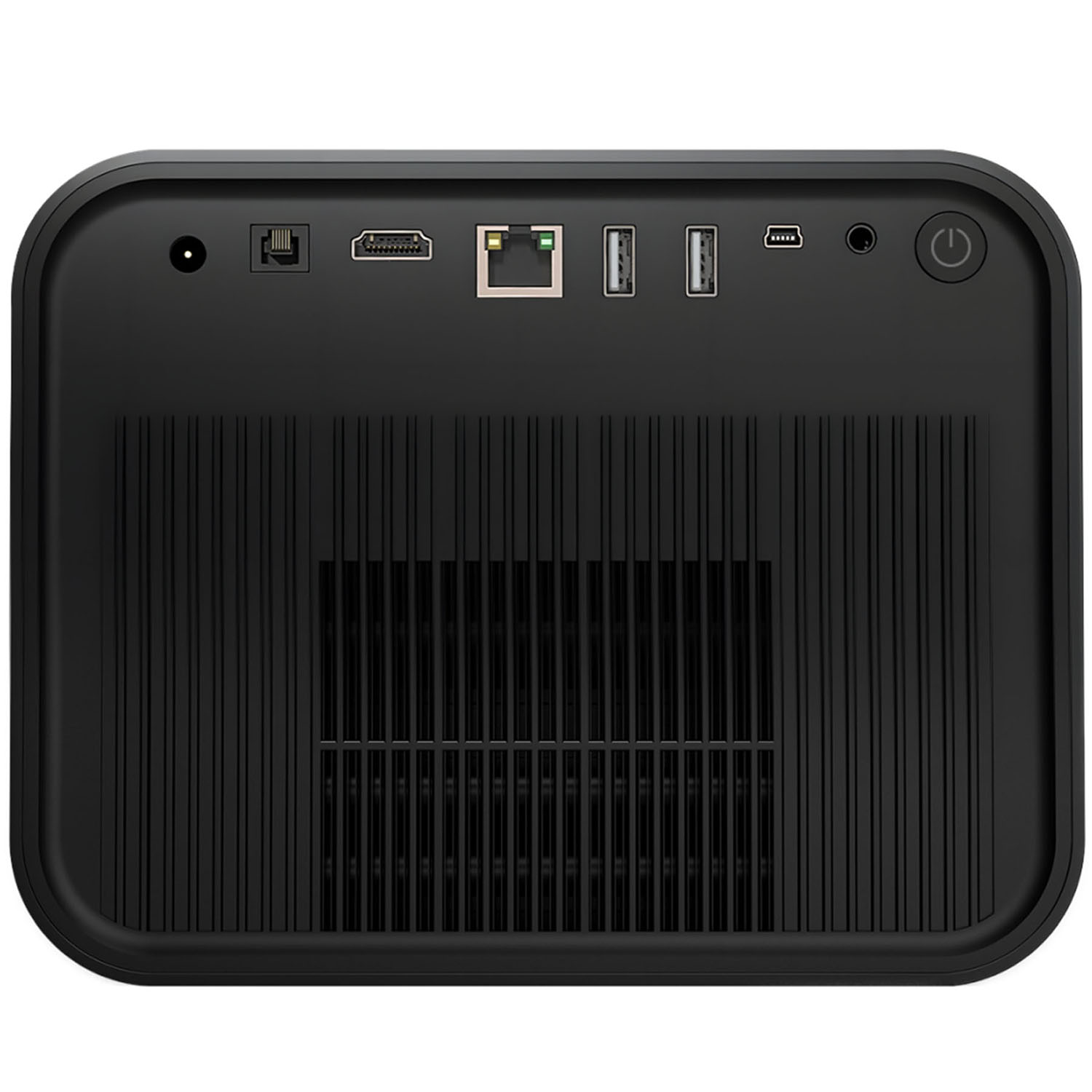 Vue arrière projecteur noir avec ports : CC, optique, HDMI, Ethernet, 2x USB, audio, alimentation.