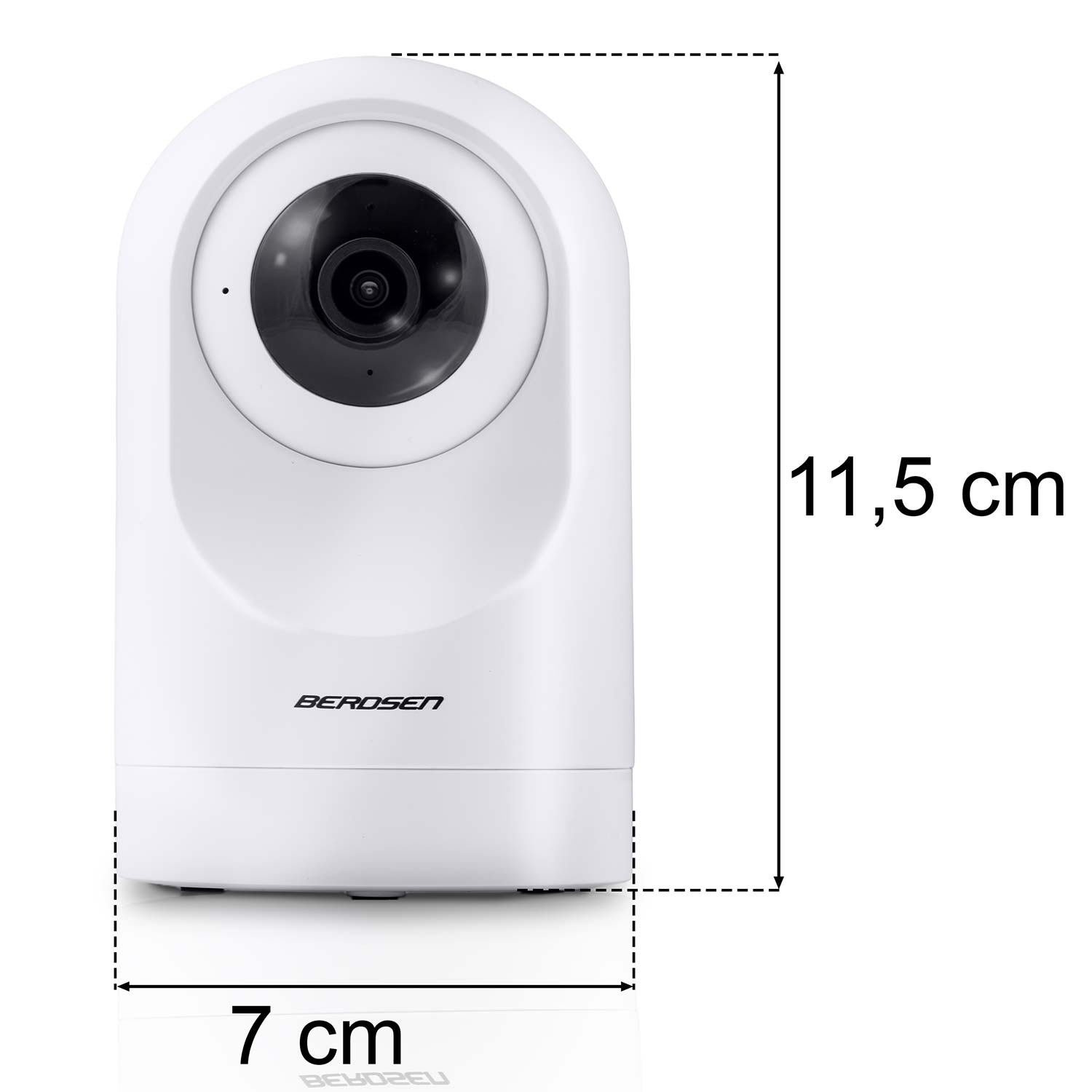 Biała kamera bezpieczeństwa z obiektywem, wysoka na 11,5 cm, szeroka na 7 cm.