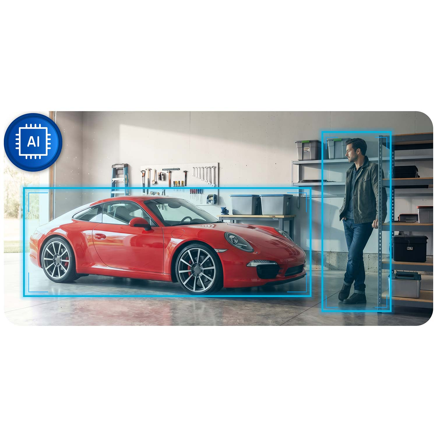Czerwony Porsche w garażu, mężczyzna stoi przy regałach. Ikona AI.