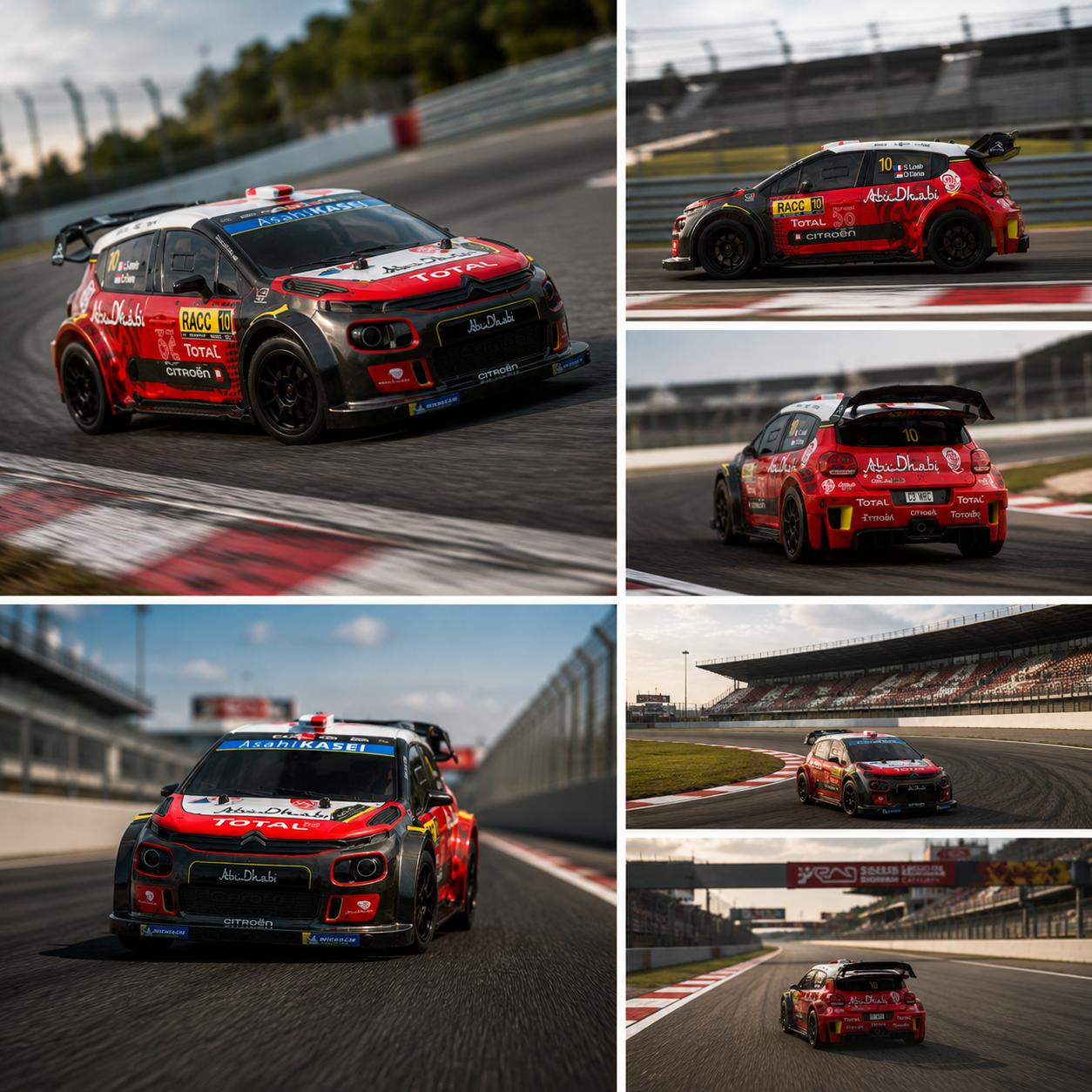 Roter Rallye-Citroën auf einer Rennstrecke mit Tribünen im Hintergrund.