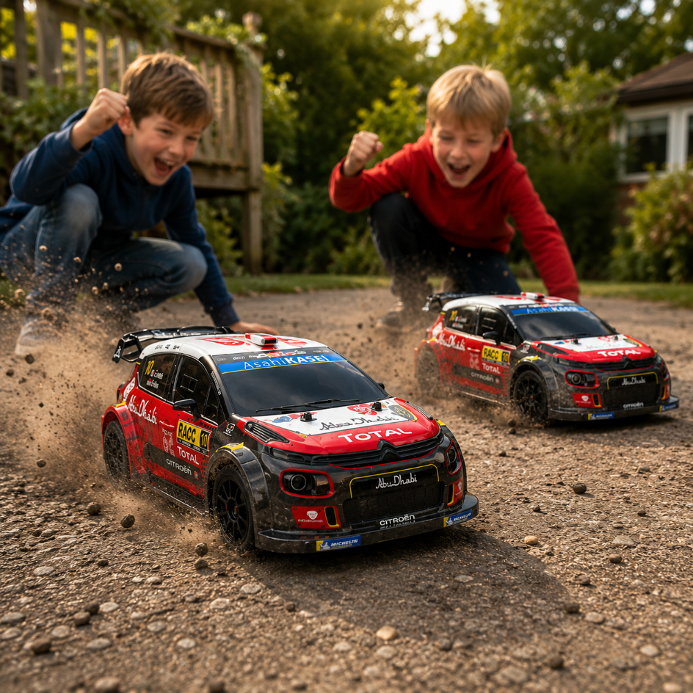 Zwei lachende Jungen knien und spielen mit ferngesteuerten Rallyeautos im Dreck.