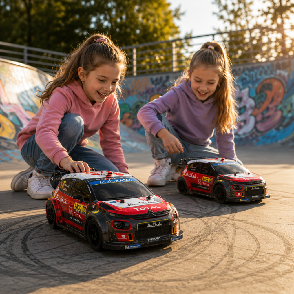 Zwei Mädchen spielen mit ferngesteuerten Rallyeautos in einem Skatepark.