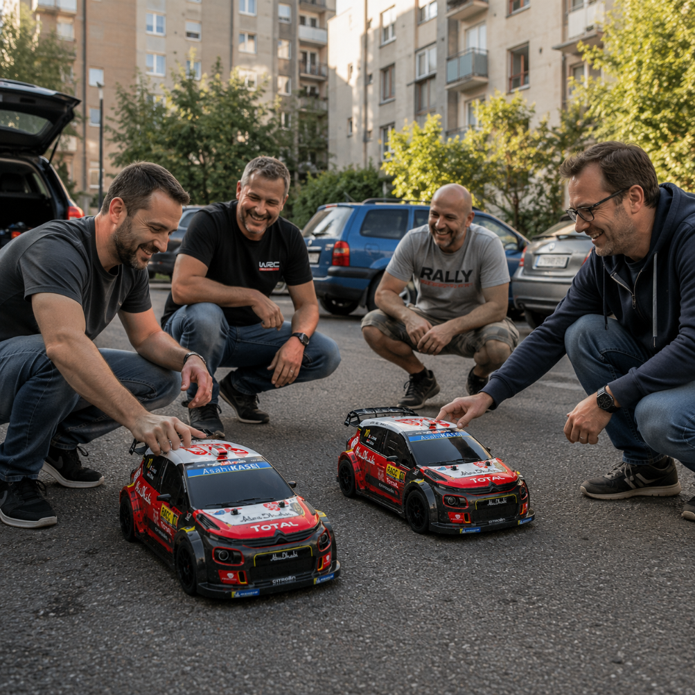 Vier Männer knien auf dem Asphalt und spielen mit roten RC-Rennwagen.