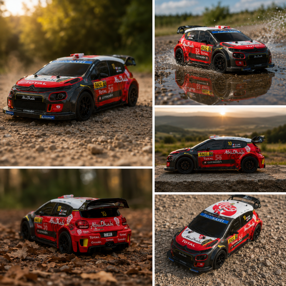 Ein rotes und schwarzes Rallyeauto mit Sponsorenlogos auf Schotter.