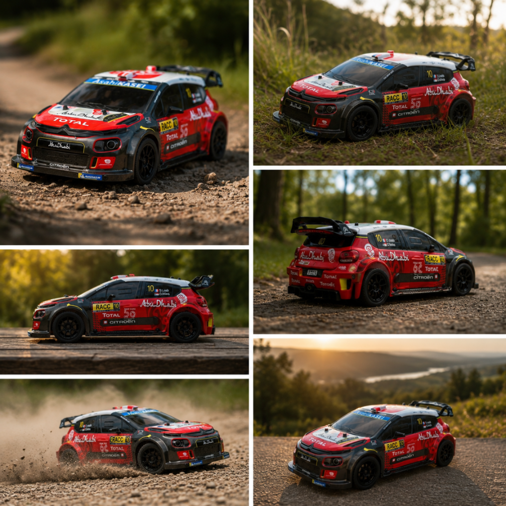 Ein rotes und schwarzes Rallyeauto mit Sponsorenaufdruck auf einem Feldweg.
