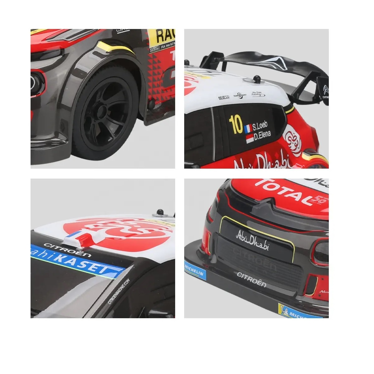 Rennwagen-Details: Rad, Spoiler, Dachaufkleber und Heck mit Sponsorenlogos.