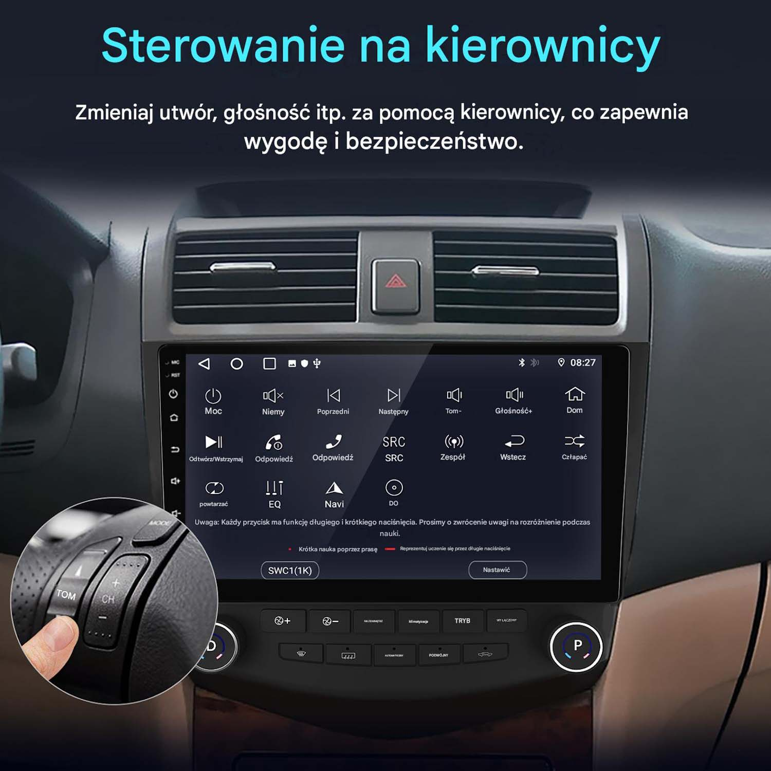 Zbliżenie na kierownicę samochodu z przyciskami i ekran dotykowy radia z opcjami menu.