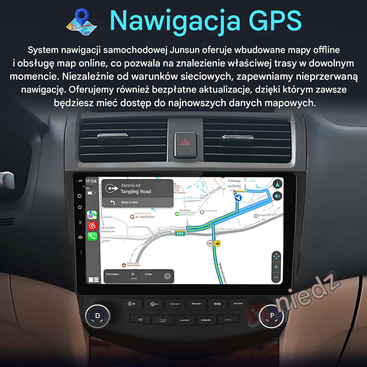 System multimedialny samochodu wyświetla mapę GPS z nawigacją i informacjami o ruchu drogowym.