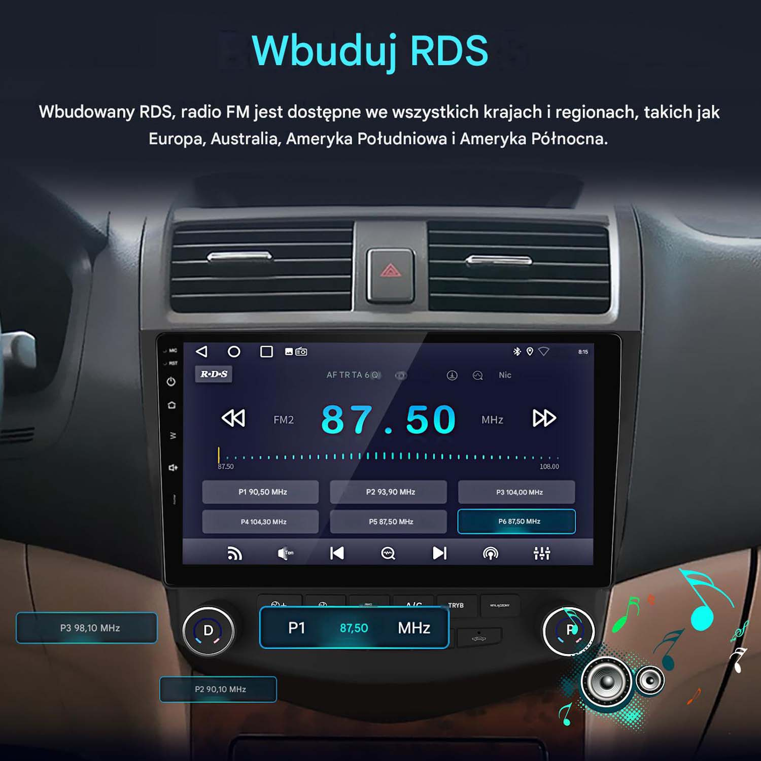 Wyświetlacz radia samochodowego pokazuje FM2 na 87,50 MHz, z przyciskami stacji.