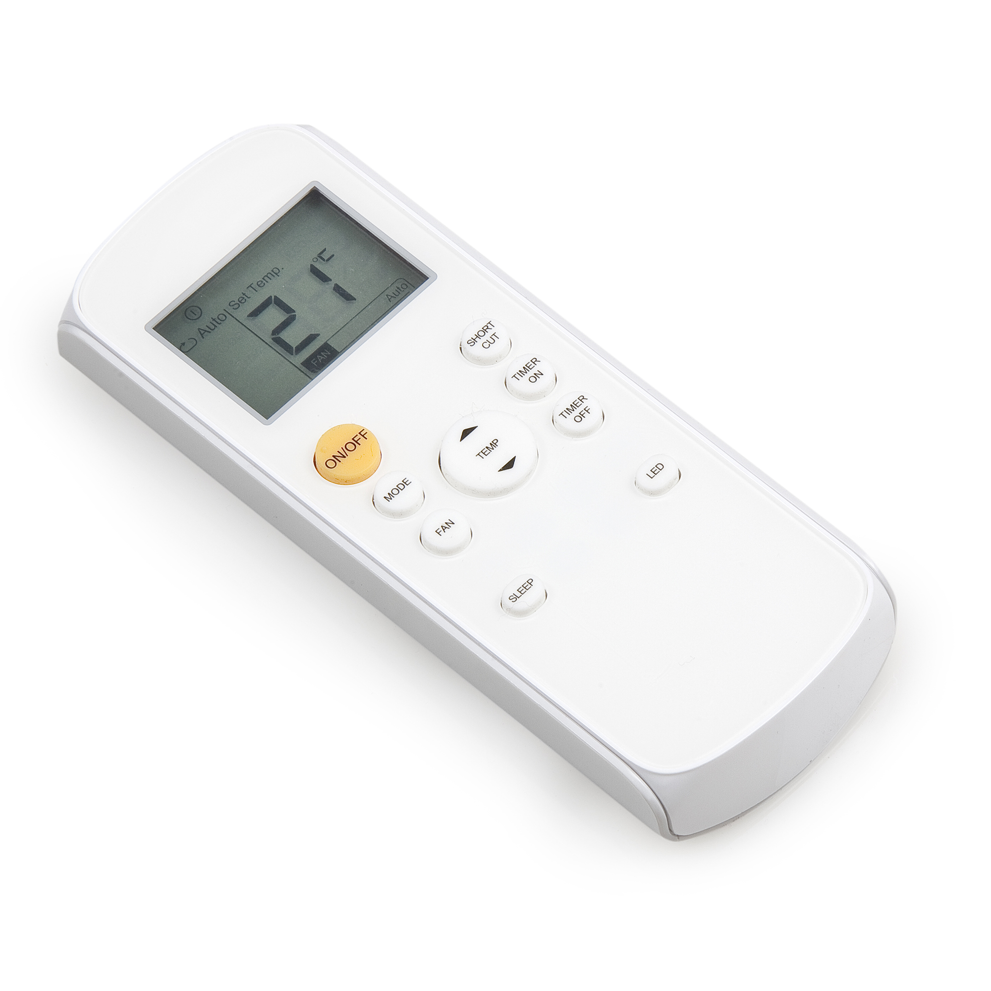 Een witte afstandsbediening met LCD-scherm en knoppen.