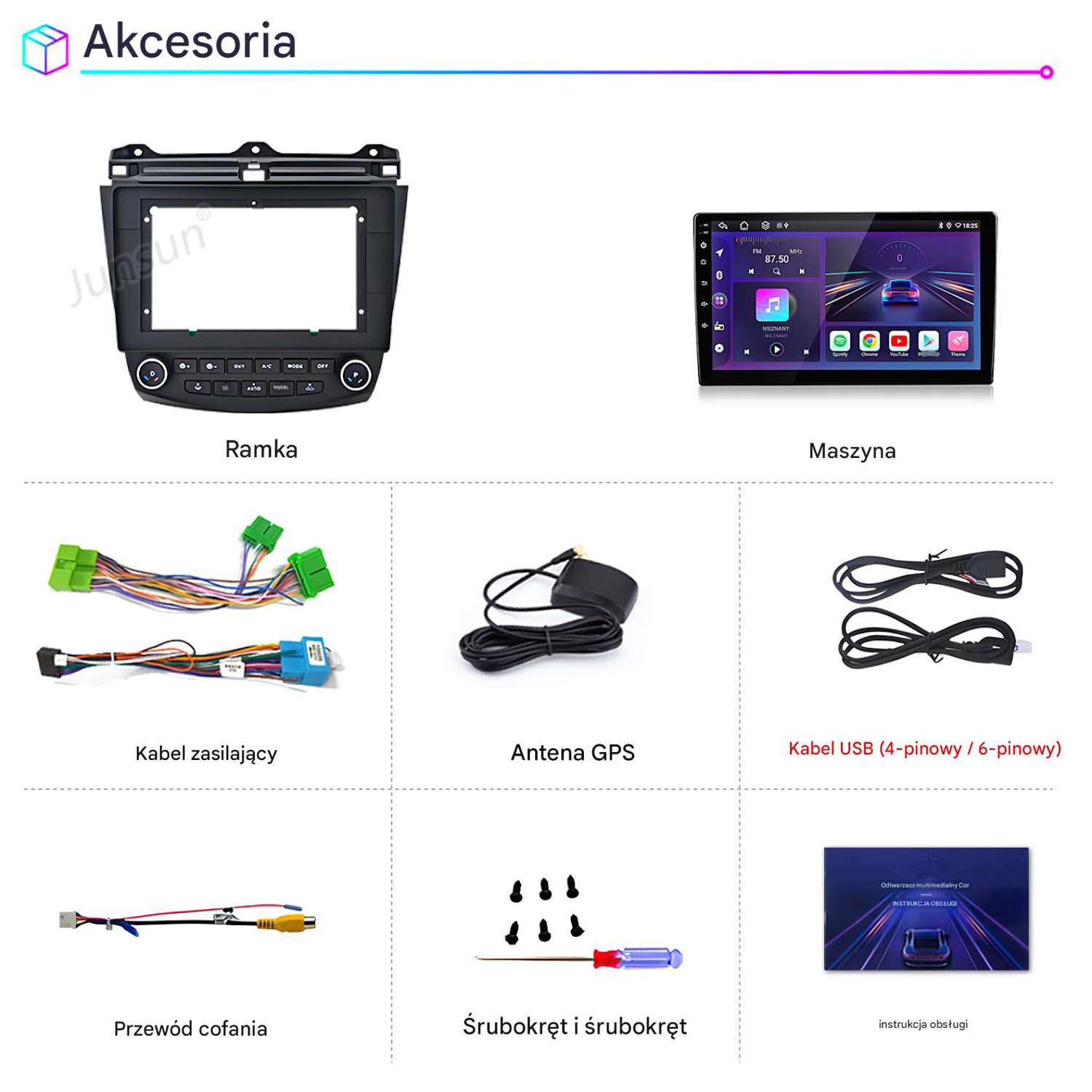 Akcesoria samochodowe: ramka, radio samochodowe, kable, antena GPS, kabel USB, przewód kamery cofania, śrubokręt, instrukcja.