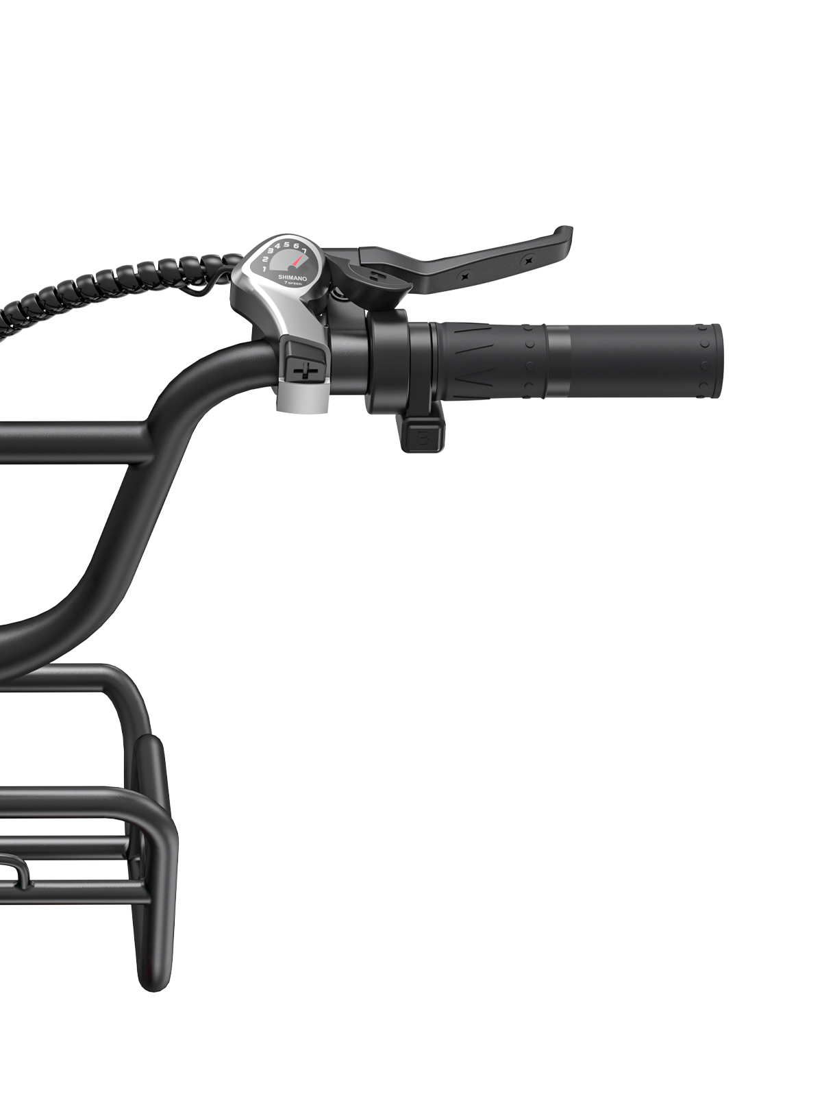 Manillar de bicicleta con cambio de marchas, maneta de freno, puño y cesta.