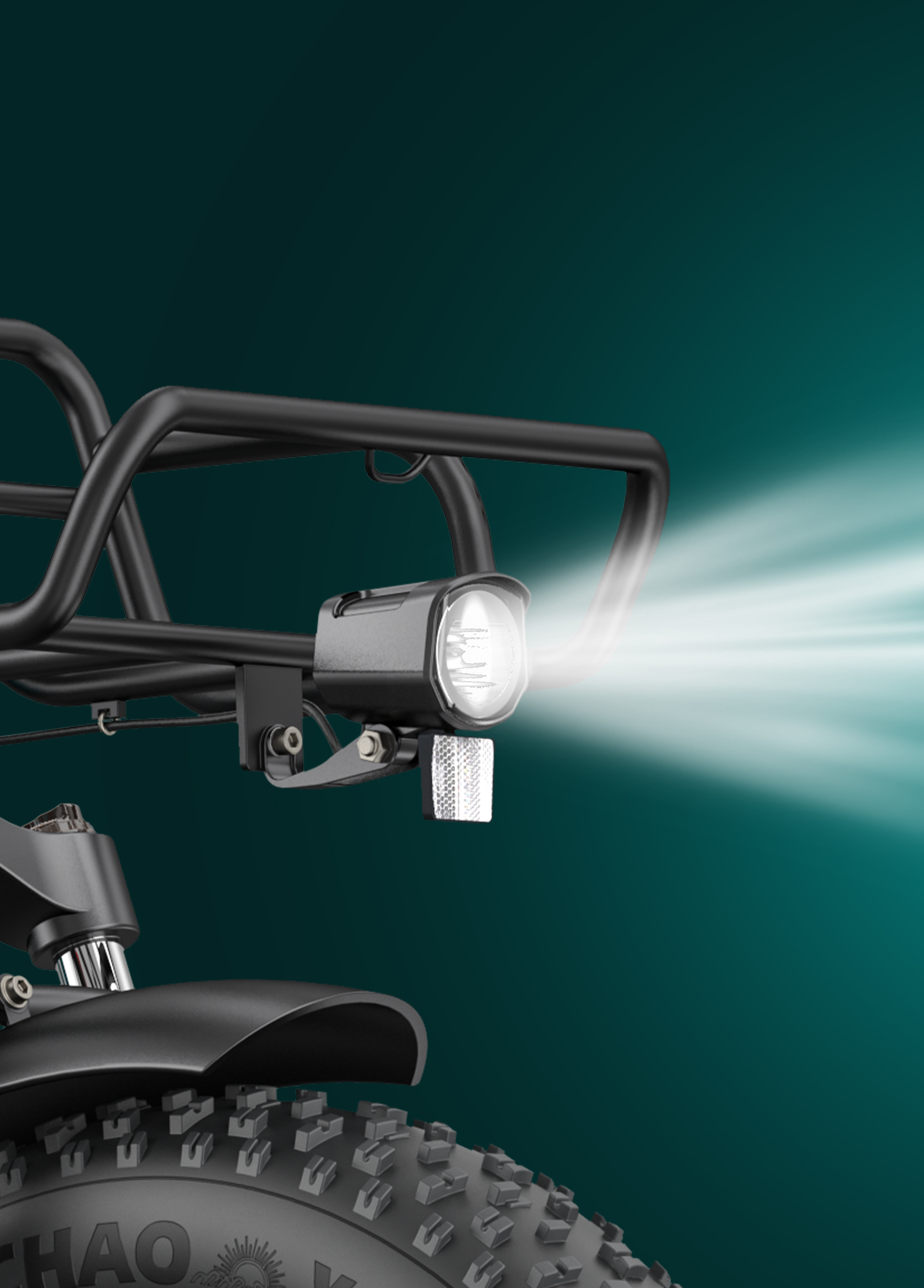 Un faro de bicicleta negro brilla intensamente sobre un fondo oscuro.
