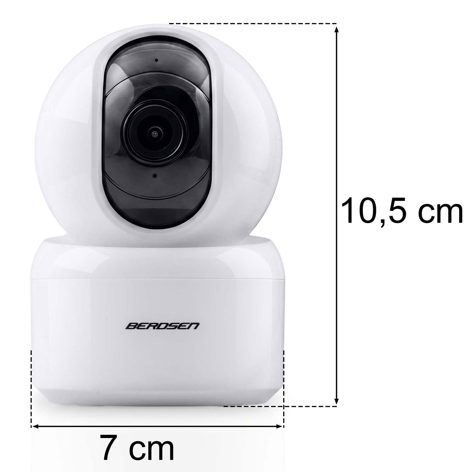 Biała kamera bezpieczeństwa z obiektywem, szerokość 7 cm, wysokość 10,5 cm.