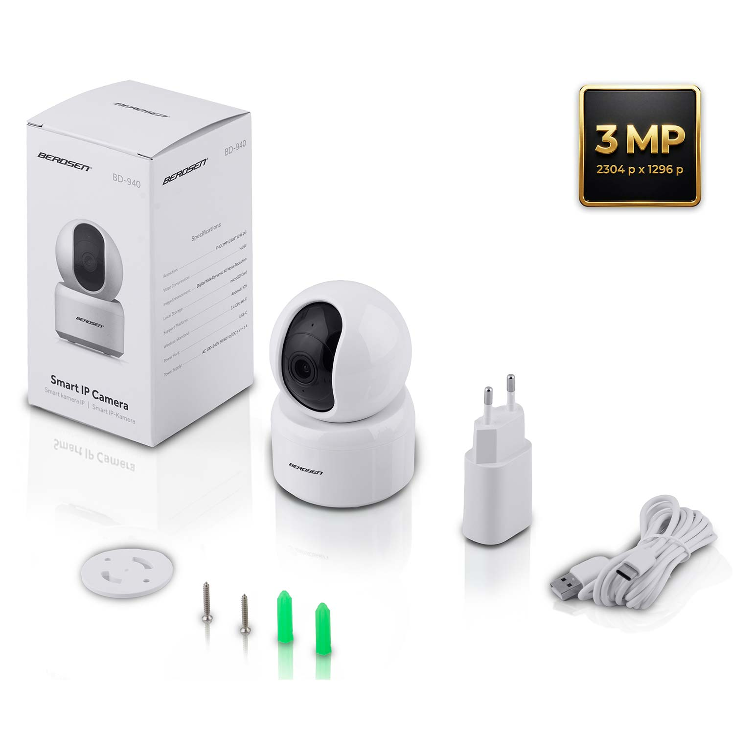 Zestaw BEROSEN Smart IP Camera BD-940 z kamerą, zasilaczem, kablem, śrubami i uchwytem.