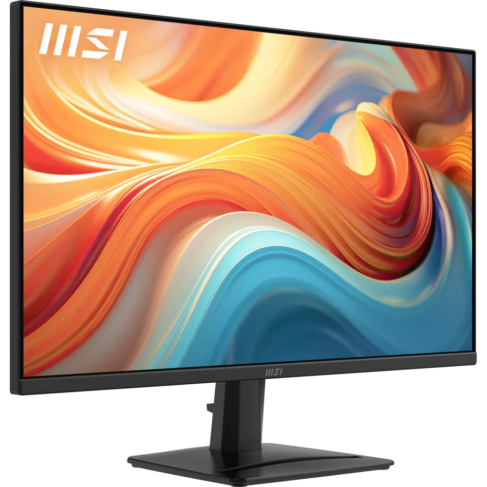 Soyut, renkli bir duvar kağıdı gösteren siyah bir MSI monitör.
