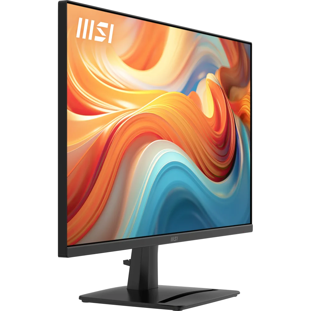 Ekranında renkli, akıcı soyut desen sergileyen siyah bir MSI monitör.