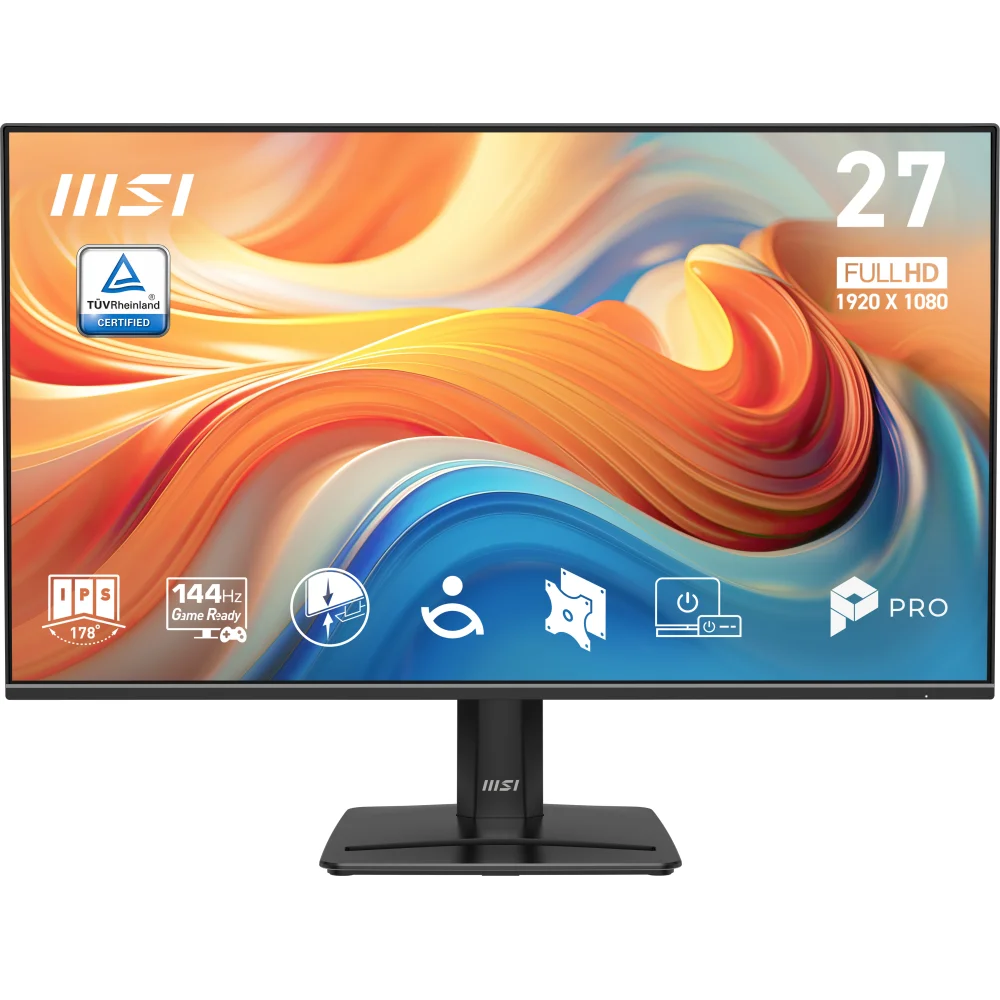 Full HD çözünürlüklü ve soyut arka planlı 27 inç MSI monitör.