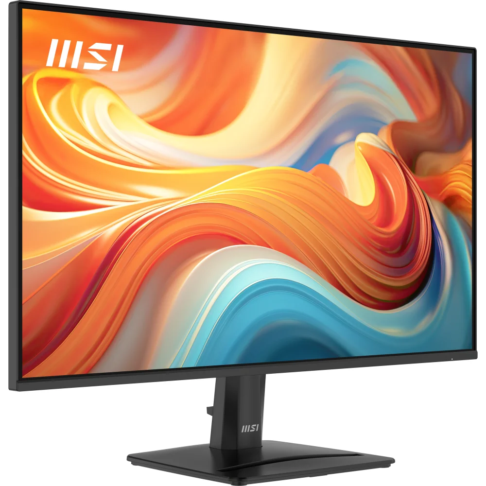 Kıvrımlı şekillerle renkli soyut bir arka plan gösteren siyah MSI monitör.