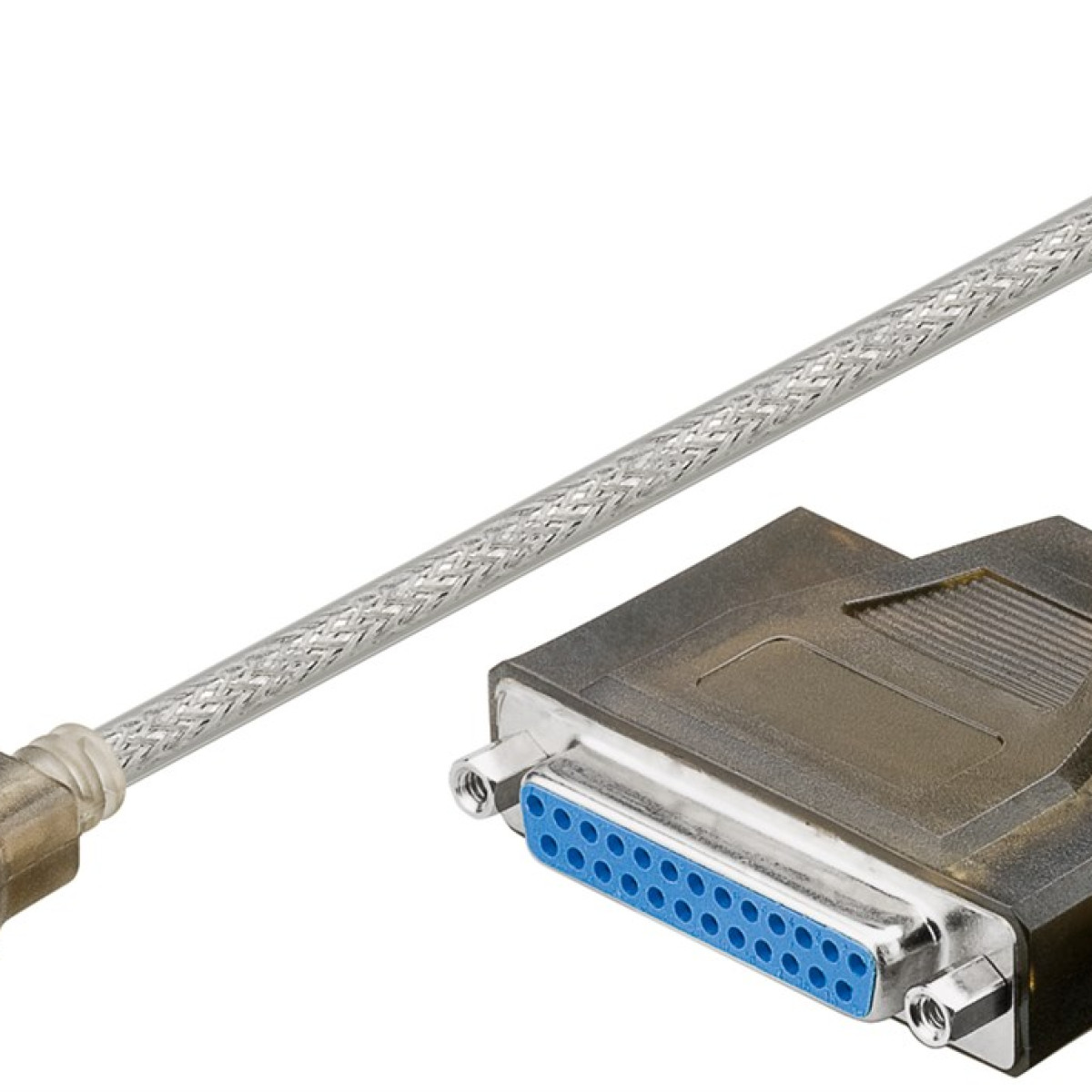Ein silbernes Kabel mit einem parallelen Anschluss, der blaue Pins hat.