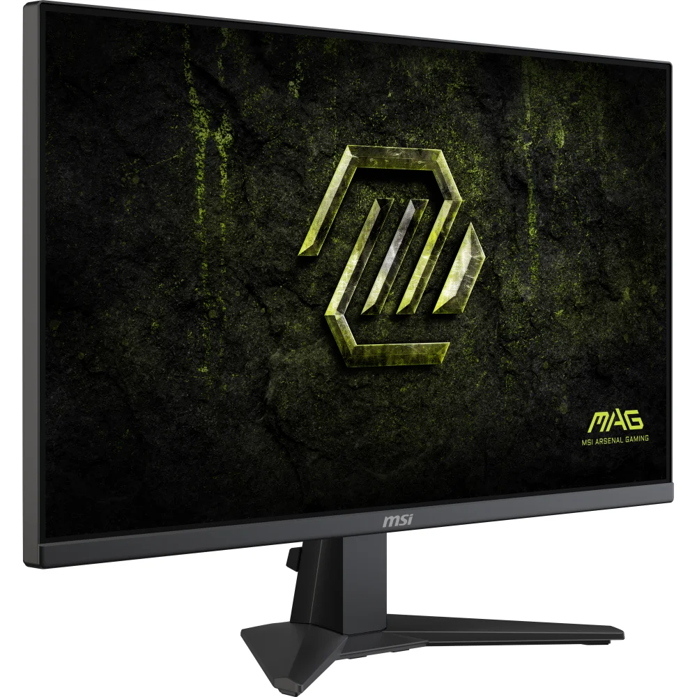 Un monitor da gaming con supporto nero e logo giallo sullo schermo.