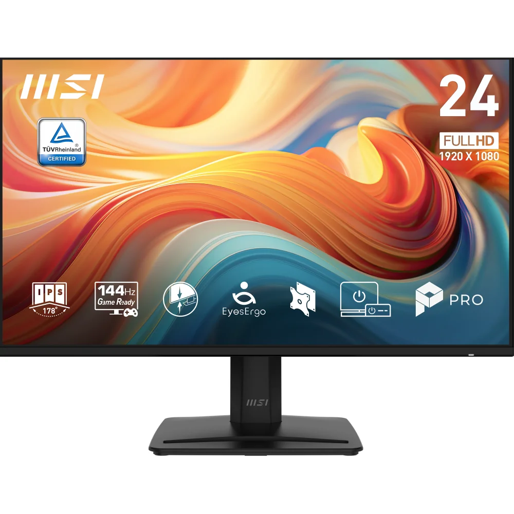 Canlı soyut arka plan ve oyun simgelerine sahip MSI 24 inç Full HD monitör.