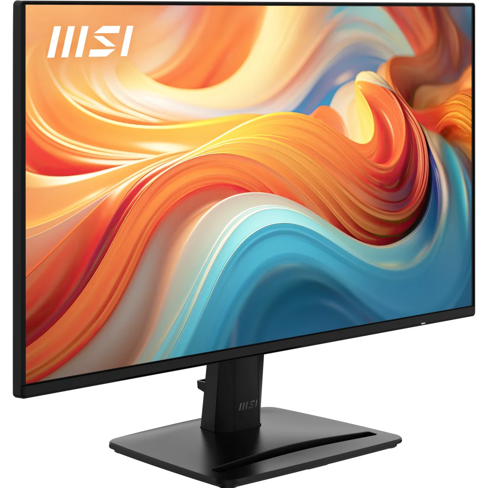 Soyut, renkli bir arka plana sahip siyah bir MSI monitör.