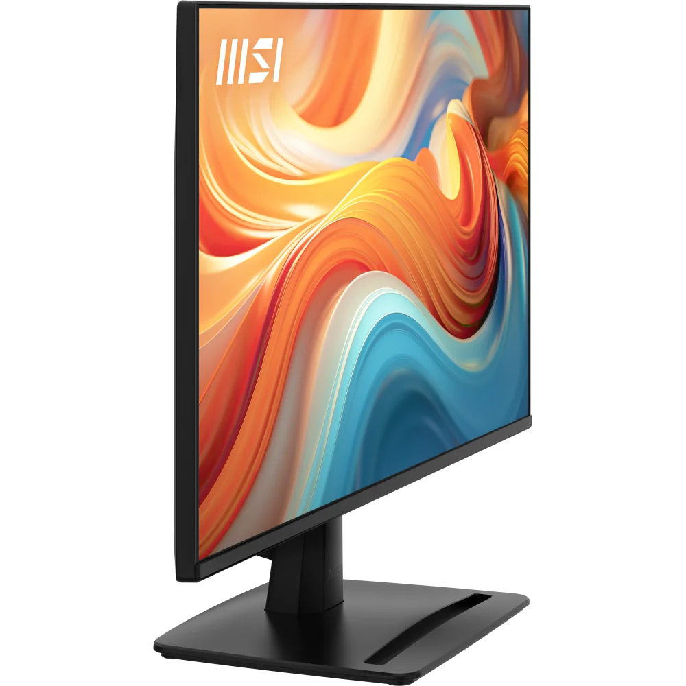 MSI logosu ve soyut, renkli arka plana sahip siyah monitör.