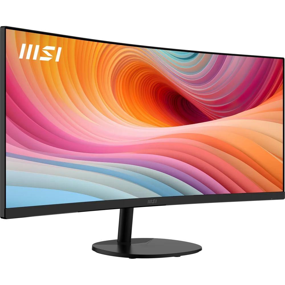 Kavisli MSI monitör, renkli, girdaplı bir duvar kağıdı görüntüler.