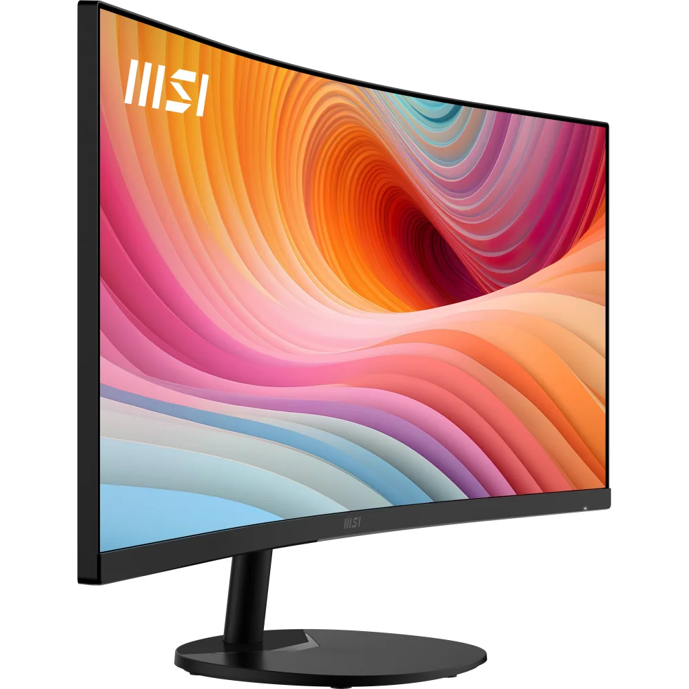 Ekranında renkli girdap deseni gösteren kavisli bir MSI monitör.