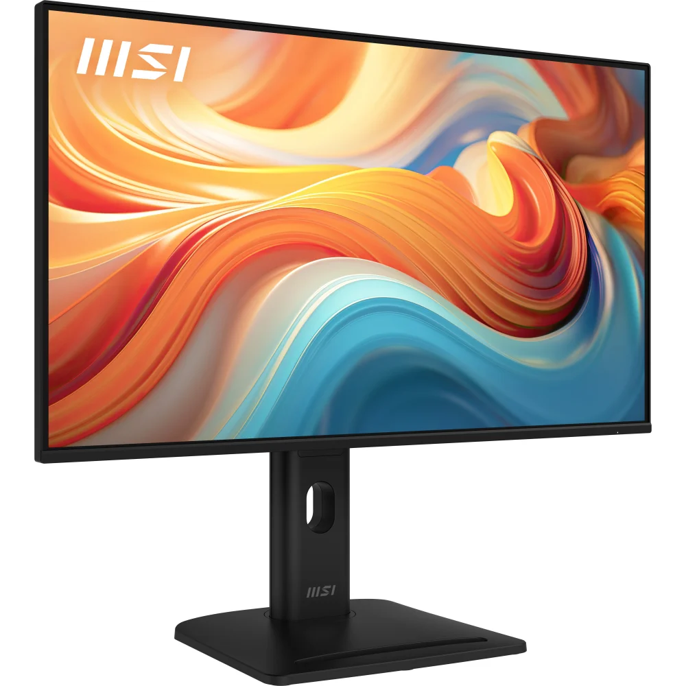 Ekranında renkli, soyut dalgalar ve düz standı olan siyah MSI monitör.